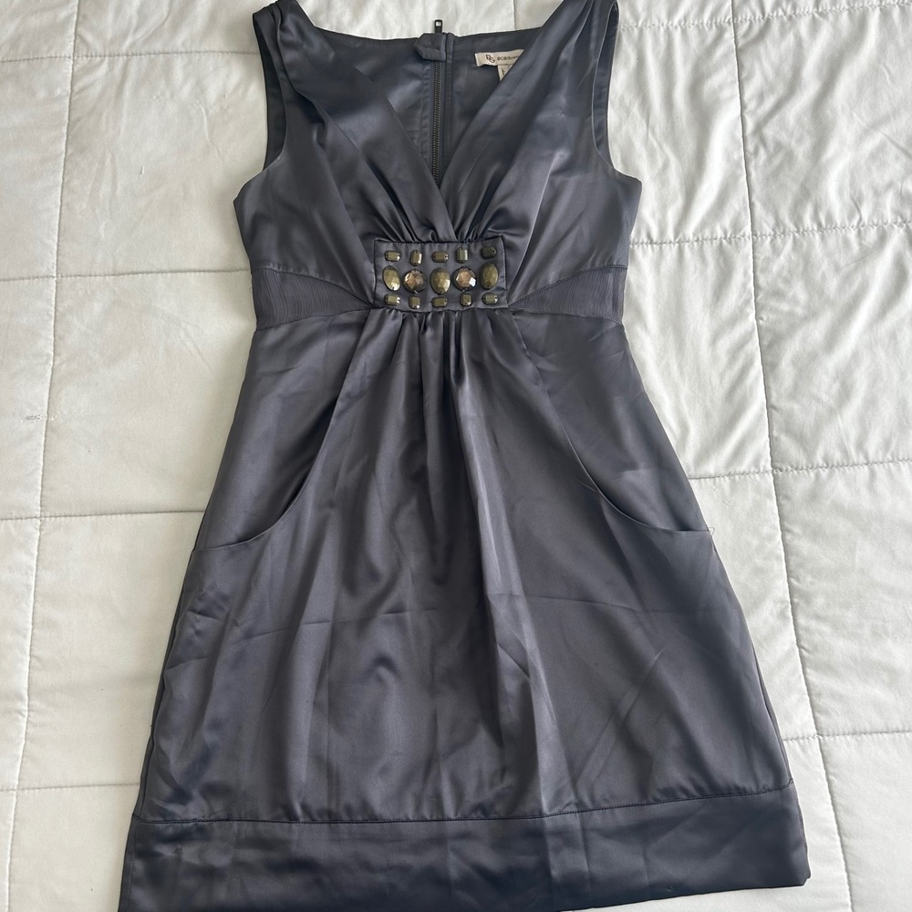 Y2K BCBGeneration Grey/blue Satin Empire Waist Mini Dress Size 4 FLAW Pockets